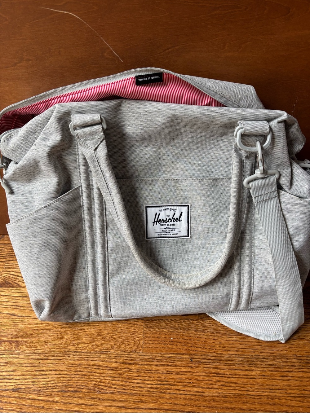 Herschel Supply Company Light Gray Diaper Tote with Pink Stripe Lining